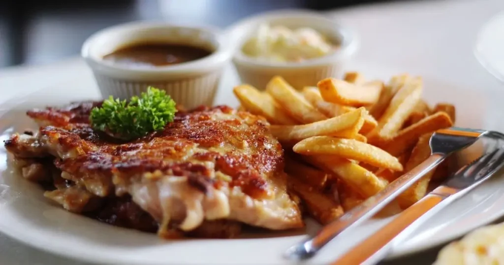 Outback Steakhouse Alice Springs Chicken served with a drizzle of barbecue sauce, golden fries, and fresh vegetables on the side.