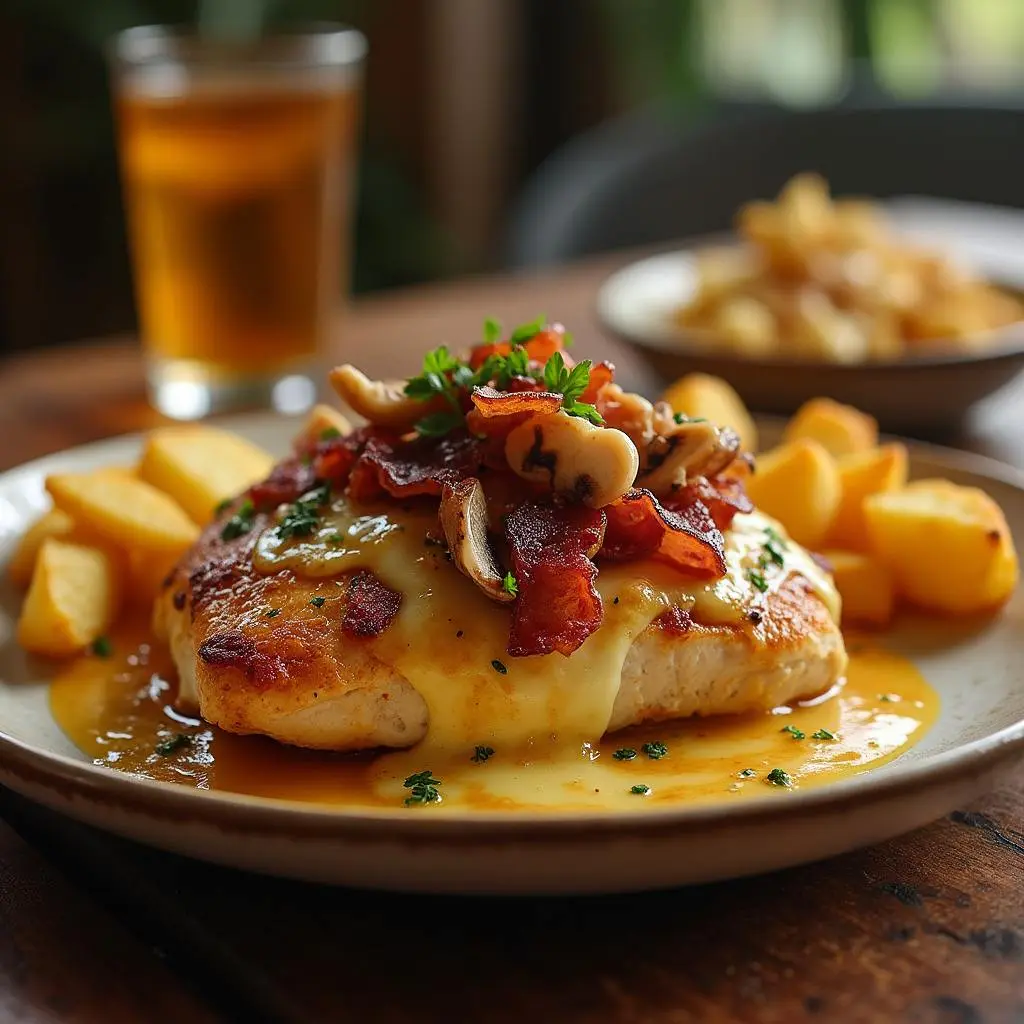 Alice Springs Chicken topped with melted cheese, crispy bacon, and garnished with fresh chives, served with a lemon wedge on the side.