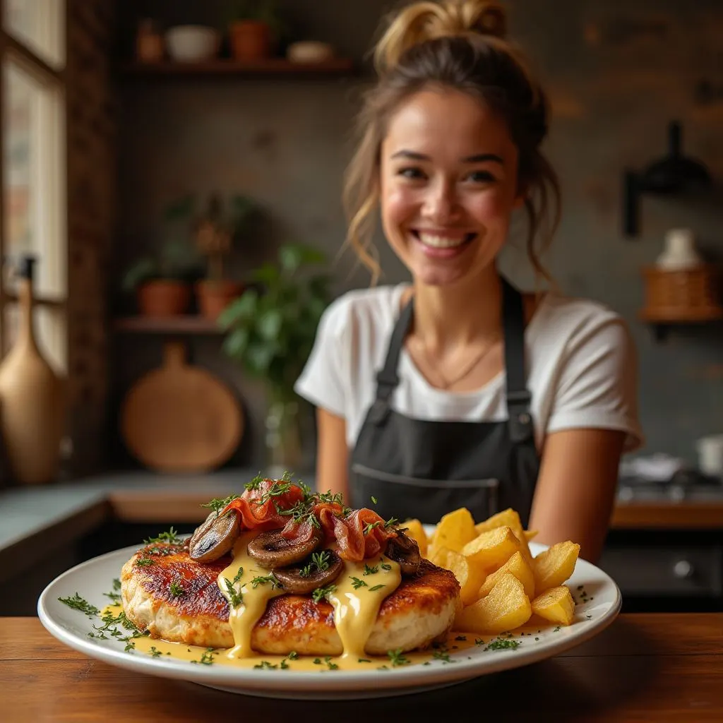 Alice Springs Chicken topped with melted cheese, crispy bacon, and garnished with fresh chives, served with a lemon wedge on the side.